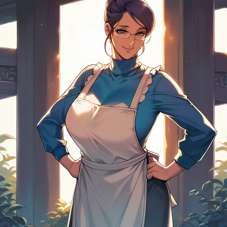 (((Masterpiece))), best quality, cowboy shot, perfect anatomy, realistic face, outdoors, sunny, warm sunlight, backlighting, dramatic lighting, painterly 1girl, hair bun, glasses, turtleneck, solo, apron, three quarter view, hands on own hips, light smile, huge breasts, ((milf, mature female)), glasses, smile, side locks, swept bangs, semi-rimless eyewear, thick