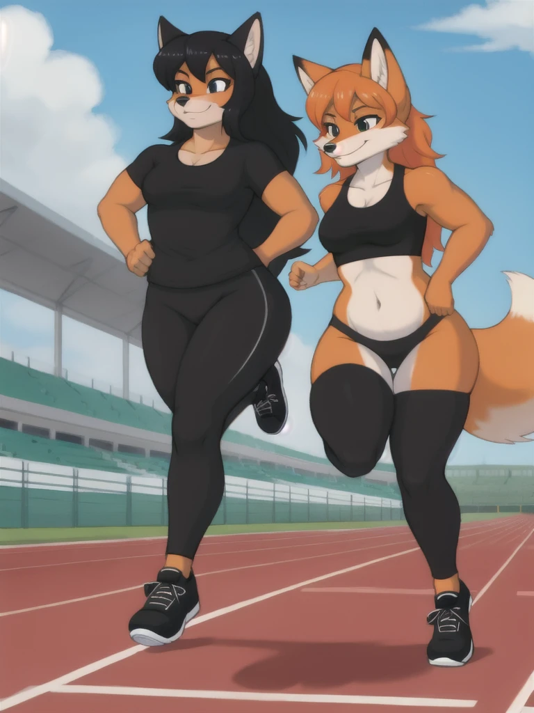 Furry, fox, female, black shirt, black leggings, shoes, running track, friends, full body