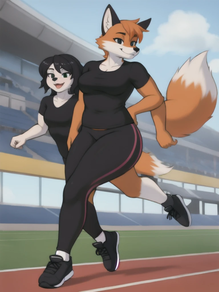 Furry, fox, female, black shirt, black leggings, shoes, running track, friends, full body
