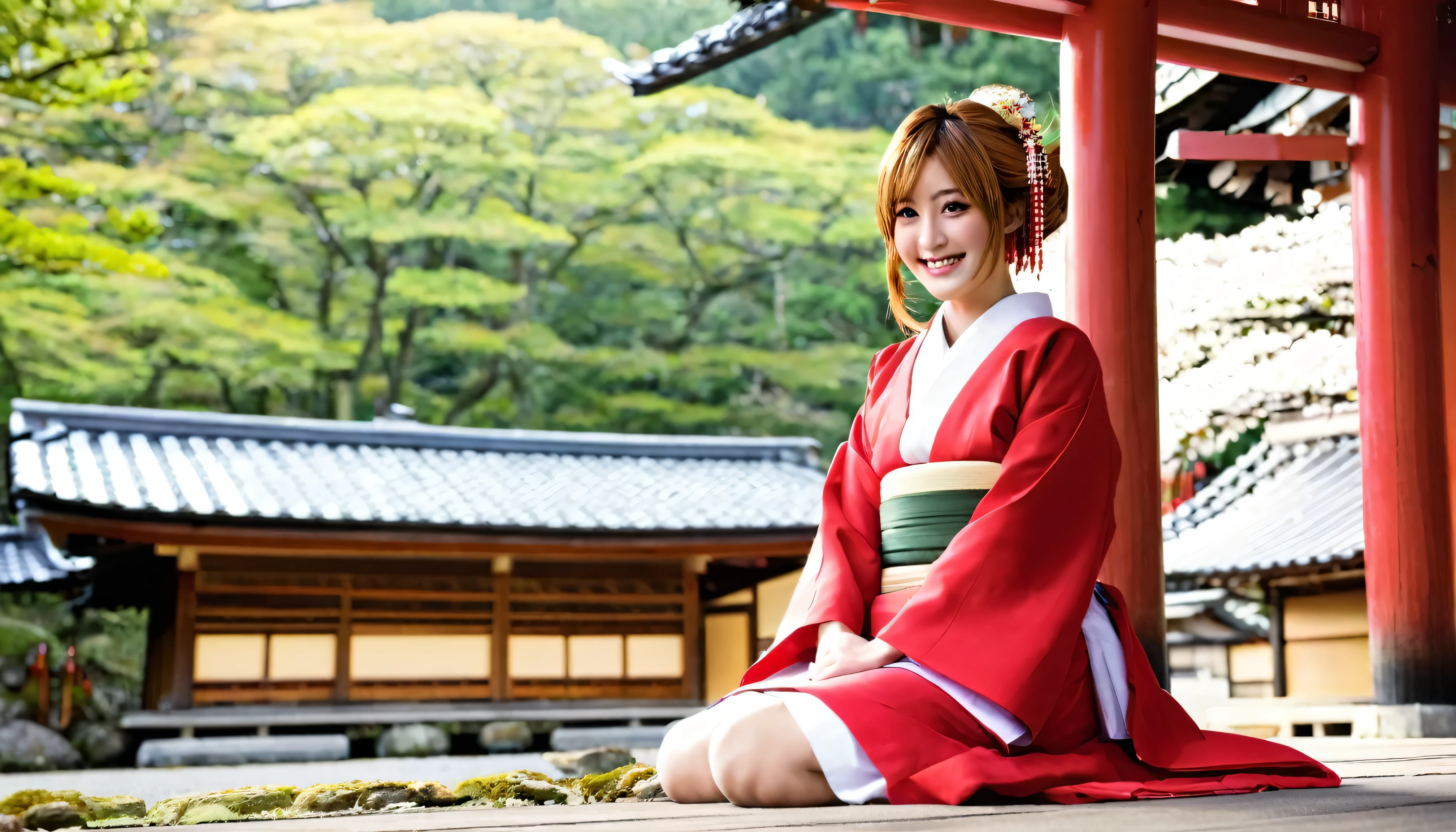 masterpiece, Highest quality, High resolution, One girl, Honoka, Shrine maiden, Hakama skirt, Sitting, shrine, smile 