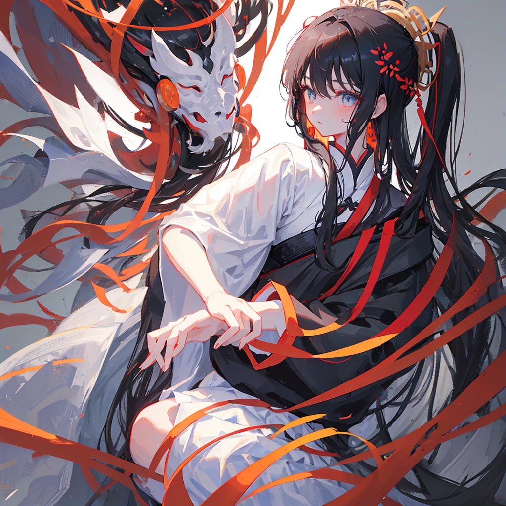 A girl wearing Hanfu,The clothes are black and white,The hair is black and white,Holding Go chess pieces,Ancient China,((Pure white background))