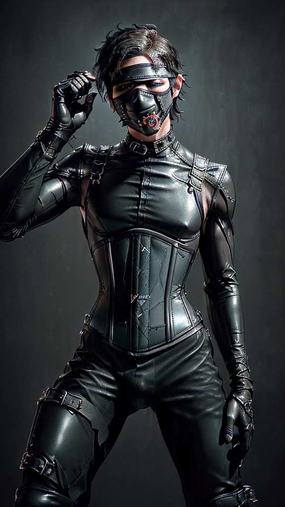 ((Final Fantasy taste reality graphics)), ((young, cute and cool ikemen boy)),(((1 boy))),,his age is early 20s, thin eyebrows and beady eyes, ((he is wearing black shiny thin and coverall latex catsuit with front zipped up)),((catsuit is long sleeve)), ((put on black shiny and coverall full finger latex glove on both hands)),((catsuit,glove and corsets is very tight-fitting)),((black color long length race-up leather boots)),((also put on leather corset, with many belts, girth and both wrists)), ((((put on a black neck corset, vertical width is very long length and thick)))), ((cool atmosphere)),((dont show finger)),((boy is must no bare hands)),,((all clothes is smooth taxtrue)),((boy is average height and weight medium build)),,(((boy put on black leather mask,covered from under the nose down with leather big blindfold))),(((((The mask and blindfold are secured to the face and head with multiple leather straps.)))))