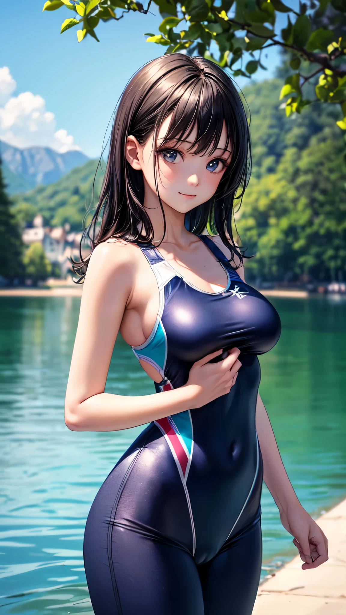 (((masterpiece,best quality,ultra detailed,high resolution))),(daytime,clear weather,front light),((solo)),looking viewer,((2 girls,
beautiful girls)),(age),(black hair,beautiful hair),(beautiful detailed face,beautiful detailed eyes),(finely detailed skin,fair skin),slender,light smile,shy,(competition swimsuit,navy swimsuit),(in the beautiful lake,beautiful sky),((cowboy shot)),(medium breast,perky breast,medium hip),(cameltoe),symmetrical docking,panorama,