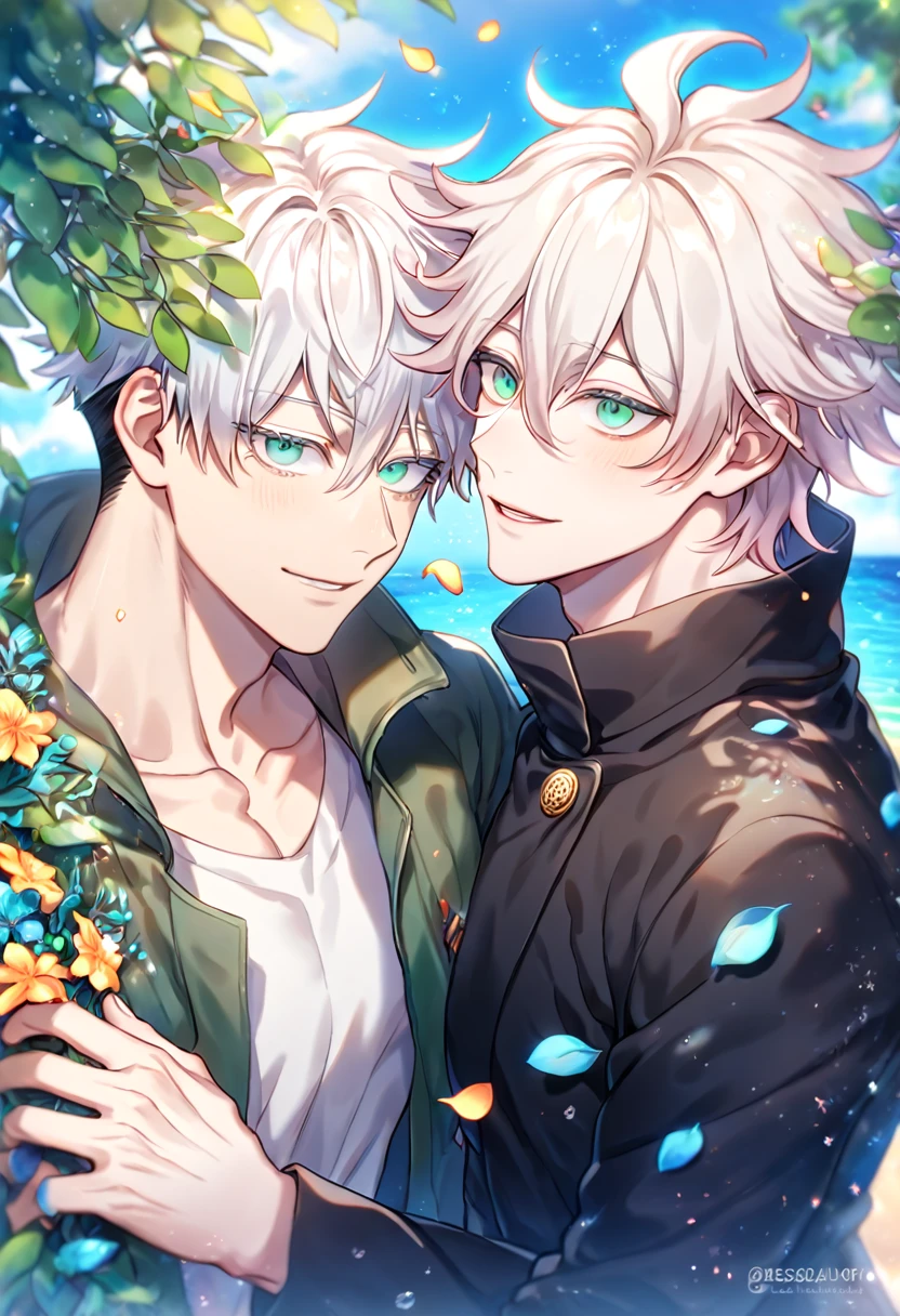 Ultra detailed, HDR, Highres, absurdres, master piece, Gojou Satoru, white hair with bangs, white eyelashes, expressive blue eyes, black coat, Jujutsu Kaisen, Komaeda Nagito, white hair, light gray-green eyes, two sexy men together, yaoi, gay couple, green coat, white shirt, handsome, flowers, petals, fantasy, magical, green leaves, summer, handsome, sensual, best quality, glittering, solo, manly man, water, beach, horny, Danganronpa,