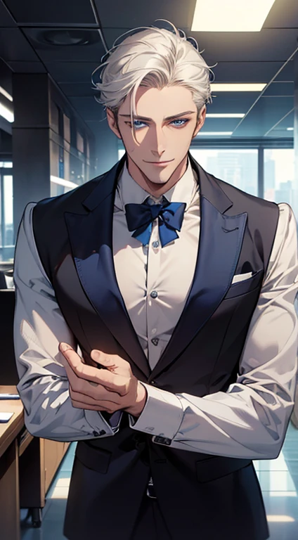 (best quality, masterpiece, 8K, photorealistic, cinematic lighting, hdr image, ultra detailed, beautiful image), 1 man, 31 years old, mature man, very handsome, (without expression, smile), short white hair, blue eyes ( penetrating gaze), perfect face without errors, imposing posture, without errors, businessman, office background
