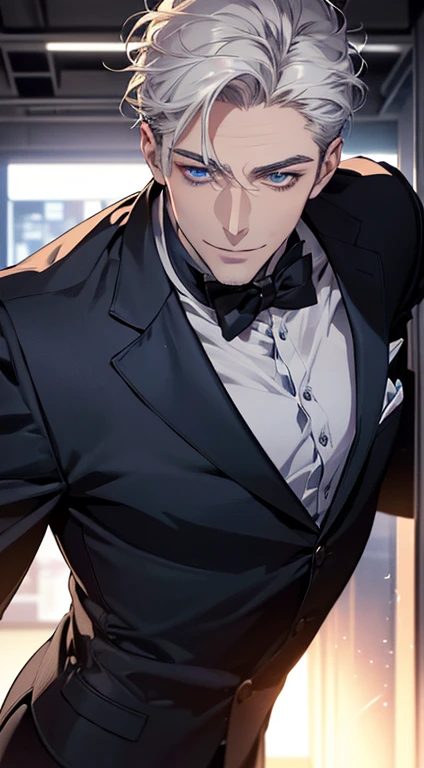 (best quality, masterpiece, 8K, photorealistic, cinematic lighting, hdr image, ultra detailed, beautiful image), 1 man, 31 years old, mature man, very handsome, (without expression, smile), short white hair, blue eyes ( penetrating gaze), perfect face without errors, imposing posture, without errors, businessman, office background