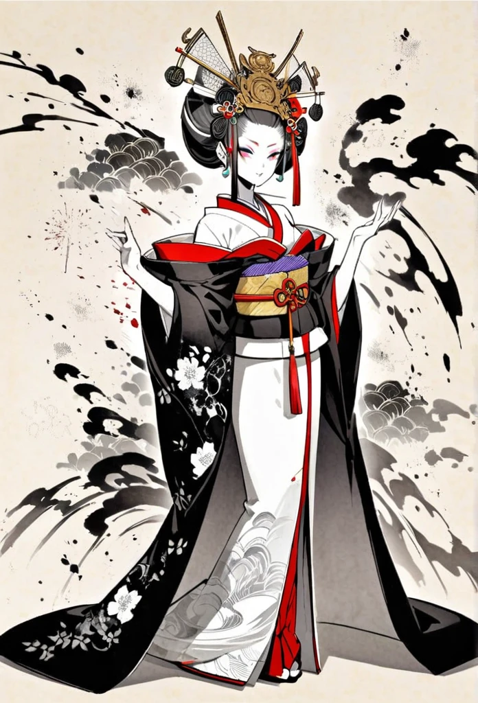 Ink and ink painting,Black and white painting,splash,,whole body,oiran,(Gorgeous costumes,kimono,kimono,)Oiran's hair accessory,Beautiful detailed glass hair,Wearing high clogs,(Oiran journey:1.2,Umbrella holder,),dappled sunlight,Dynamic movement and powerful brushstrokes、Large umbrella,smoke tube,,(A kimono with a wide open back collar from the nape to the back:1.2),