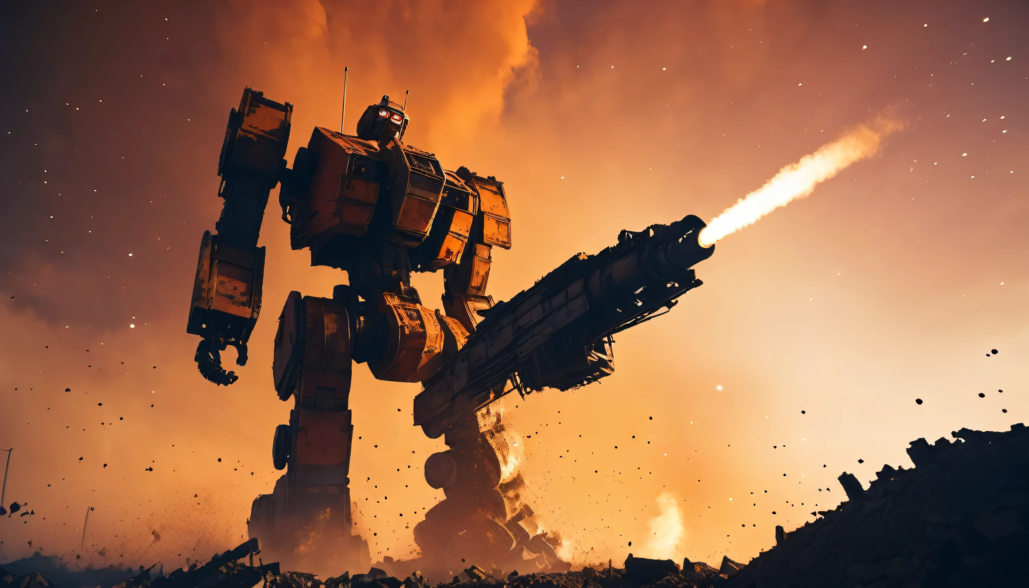 Ruined City, battlefield, Remains, Gun smoke fills the air, Broken giant robot, Orange sky, Dust, shine, Starry sky, From below, Wide Shot, Cinema Lighting, Blurred, Ultra Wide Angle, Highest quality, 8k