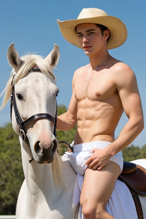 Young cute handsome white skinny beautiful face without shirt naked on top of a horse white cute butt of man hat