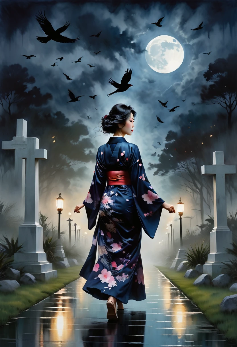 Silhouette of a Japanese woman in a kimono walking through an American cemetery at night under moonlight, holding a large machine gun、Many crows are flying、 oil, Chiaroscuro, Sensual, Dramatic lighting, Gloomy atmosphere, photoRealistic, Intricate details, masterpiece, Very detailed, high quality, 8k, 最high quality, Realistic, Cinematic, Dark and gloomy, Expressionistic, Powerful composition, Emotional impact, Art inspired by Bill Sienkiewicz Dark and moody color palette