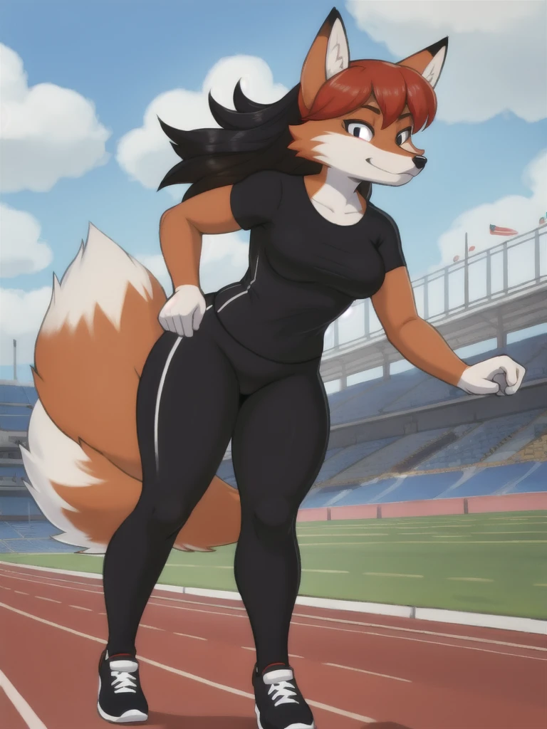 Furry, fox, female, black shirt, black leggings, shoes, running track, friends, full body