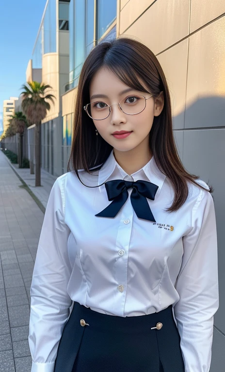 (A gorgeous Chinese lady, age 28, professional high-school lecturer & artist, wearing formal office attire, blazers, sky-blue tie, long-sleeve white shirt with buttons, pencil mini-skirt, ITZY sneakers, painting in an art room, 🖌️🎨 🌴 

(fabulous, geeky, feminine, gentle,
friendly, goofy, fascinating, Graceful),

spectacles, #roundeyeware, #glasses, #eyeware, kind smile, dimpled cheeks, cute snaggle-tooth, short ponytail, short bob hair trimmed, short hair, symmetrical face, beautiful detailed face, bright_and_full_of_warmth_eyes, detailed eyes, ample round bosom, perfect body anatomy,

Award-winning, photorealistic, hyper-realism, high contrast, ultra HD, realistic skin textures, top image quality, top-quality, super high resolution, fine details, very meticulously, Vivid Colours, masterpiece, High angle shot, full body shot, cowboy shot, positive affirmation, serene ambience, bokeh night background, SFW)