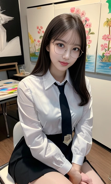 (A gorgeous Chinese lady, age 28, professional high-school lecturer & artist, wearing formal office attire, blazers, sky-blue tie, long-sleeve white shirt with buttons, pencil mini-skirt, ITZY sneakers, painting in an art room, 🖌️🎨 🌴 

(fabulous, geeky, feminine, gentle,
friendly, goofy, fascinating, Graceful),

spectacles, #roundeyeware, #glasses, #eyeware, kind smile, dimpled cheeks, cute snaggle-tooth, short ponytail, short bob hair trimmed, short hair, symmetrical face, beautiful detailed face, bright_and_full_of_warmth_eyes, detailed eyes, ample round bosom, perfect body anatomy,

Award-winning, photorealistic, hyper-realism, high contrast, ultra HD, realistic skin textures, top image quality, top-quality, super high resolution, fine details, very meticulously, Vivid Colours, masterpiece, High angle shot, full body shot, cowboy shot, positive affirmation, serene ambience, bokeh night background, SFW)