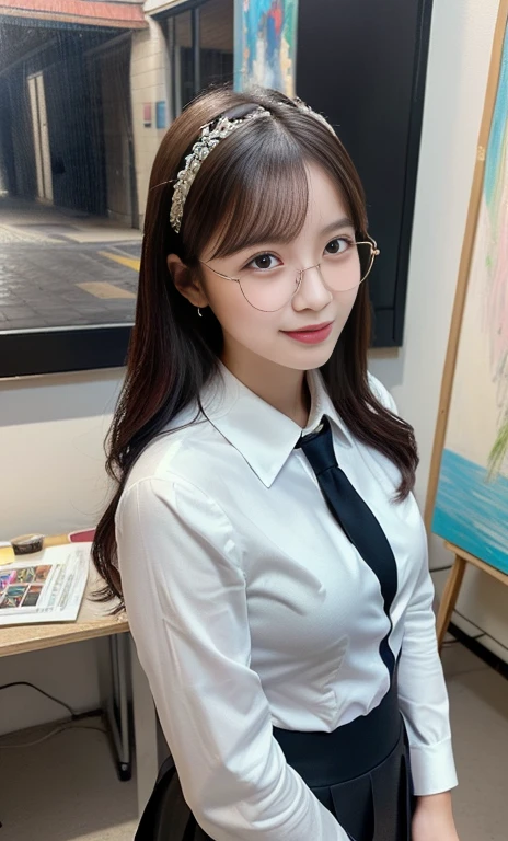(A gorgeous Chinese lady, age 28, professional high-school lecturer & artist, wearing formal office attire, blazers, sky-blue tie, long-sleeve white shirt with buttons, pencil mini-skirt, ITZY sneakers, painting in an art room, 🖌️🎨 🌴 

(fabulous, geeky, feminine, gentle,
friendly, goofy, fascinating, Graceful),

spectacles, #roundeyeware, #glasses, #eyeware, kind smile, dimpled cheeks, cute snaggle-tooth, short ponytail, short bob hair trimmed, short hair, symmetrical face, beautiful detailed face, bright_and_full_of_warmth_eyes, detailed eyes, ample round bosom, perfect body anatomy,

Award-winning, photorealistic, hyper-realism, high contrast, ultra HD, realistic skin textures, top image quality, top-quality, super high resolution, fine details, very meticulously, Vivid Colours, masterpiece, High angle shot, full body shot, cowboy shot, positive affirmation, serene ambience, bokeh night background, SFW)