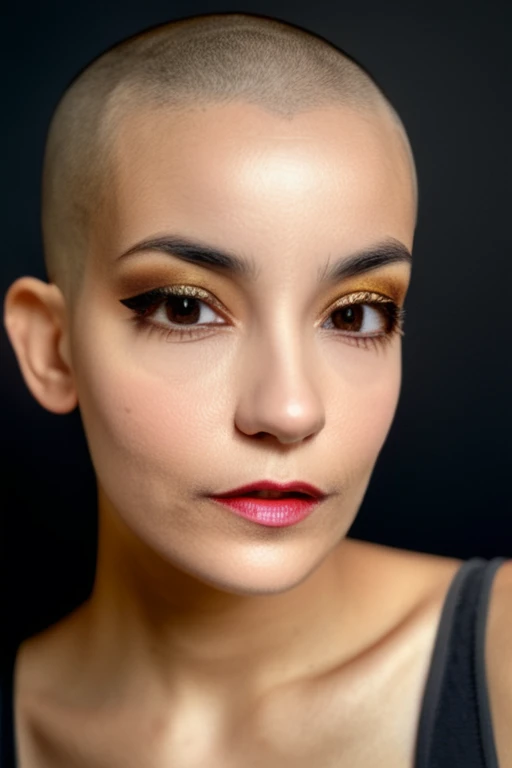 Beautiful 22 year old woman, (close-up, editorial photograph of [[a dead bird, (masterpiece:1.2), wide angle photo]], (background inside dark, moody, private study:1.3), full body portrait, by lee jeffries, nikon d850, film stock photograph, 4 kodak portra 400, camera f1.6 lens, rich colors, hyper realistic, lifelike texture, dramatic lighting, cinestill 800, Shaved bald head, Dark Hazel eyes, Eye contact
