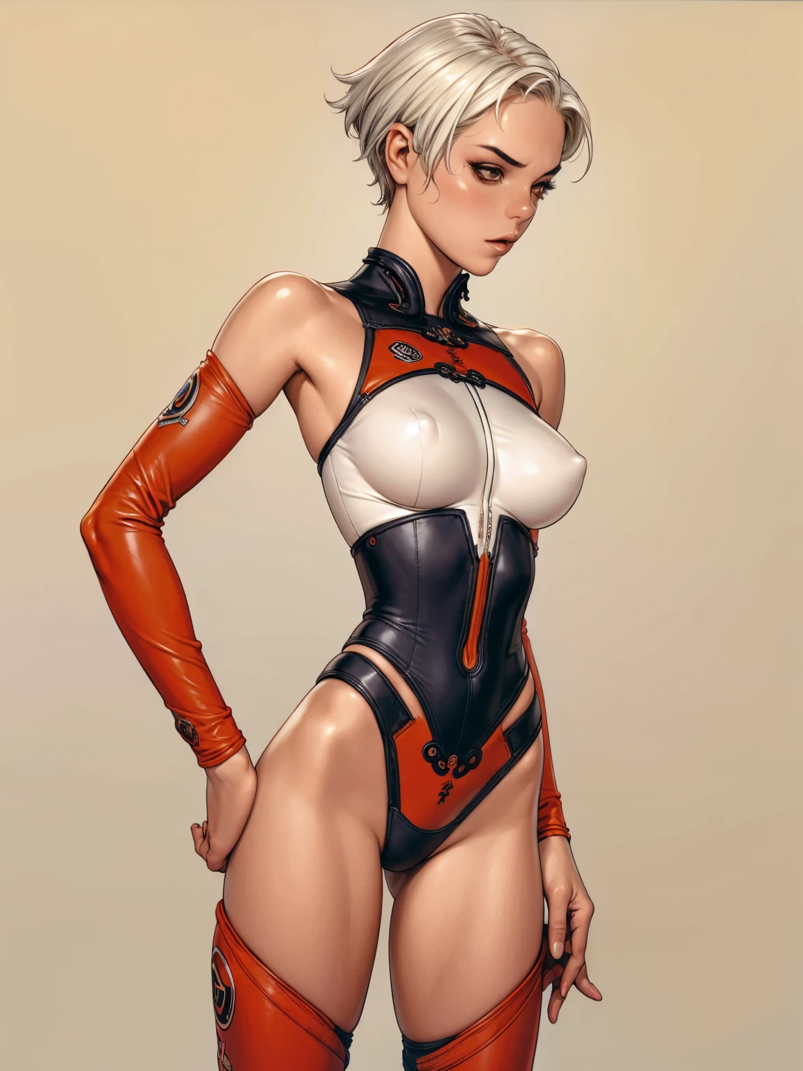 ((with your back to the viewer))), (((best qualityer))), (((perfectbody))), (((bared shoulders))), (((1girl))), (((Annie Lennox))), ((( back view ))), (((perfect ass))), (((symbols of the Soviet Union))), (((90% RED SUIT))), (((Yellow stars))), (((hair shaved on the sides))), ((high collar)), (((best qualityer: 1.4))), (Unbeatable masterpiece), (hiper HD),(CG 8k hyper-realistic), (((short cut hair style))), (((breasts big))), (((hyper feminine))), sexly girl, Tron,((super short white hair)), ((( sculptural body ))), (((1 girl))), garota cibernética de 25 anos com perfectbody,,Beautiful and well-groomed face,muscular body:1.2,gradient color detailed jacket, (Head to thigh photos), Complex equipment, green dark,Long pants, (((standing alone))), pirralha violent, ((())), sexly, pose de atitude, work of art, post-apocalypse, (((manga style))), bounty hunter, violent, Manic, the way you want, slenderbody, thin but strong, perfectbody, roupa moderna, advanced technology, neon, sleeves with vertical striped pattern, neutral background, (( cowboy shot )). intricate visual