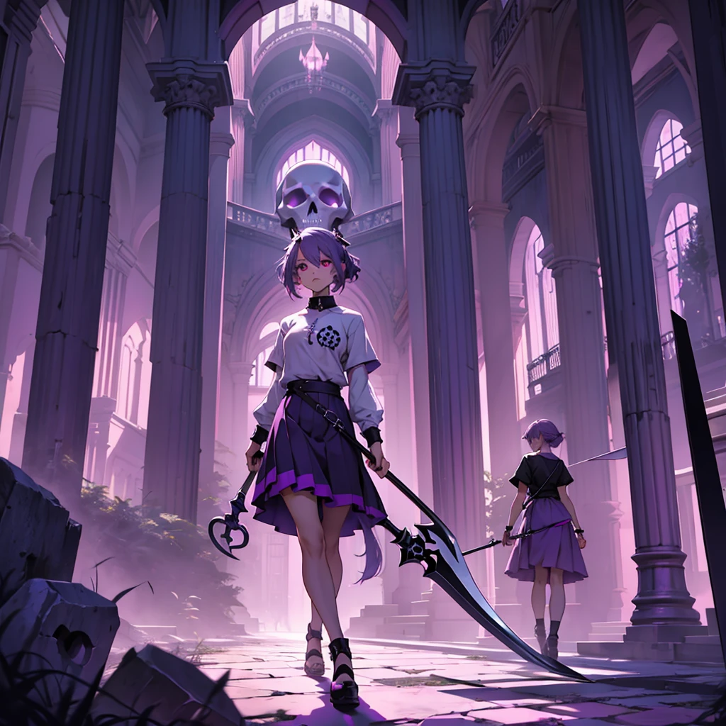 make a girl with purple hair and dark pink eyes wearing a light purple skirt and shirt holding a scythe with a skull on the end in front of a palace with several people