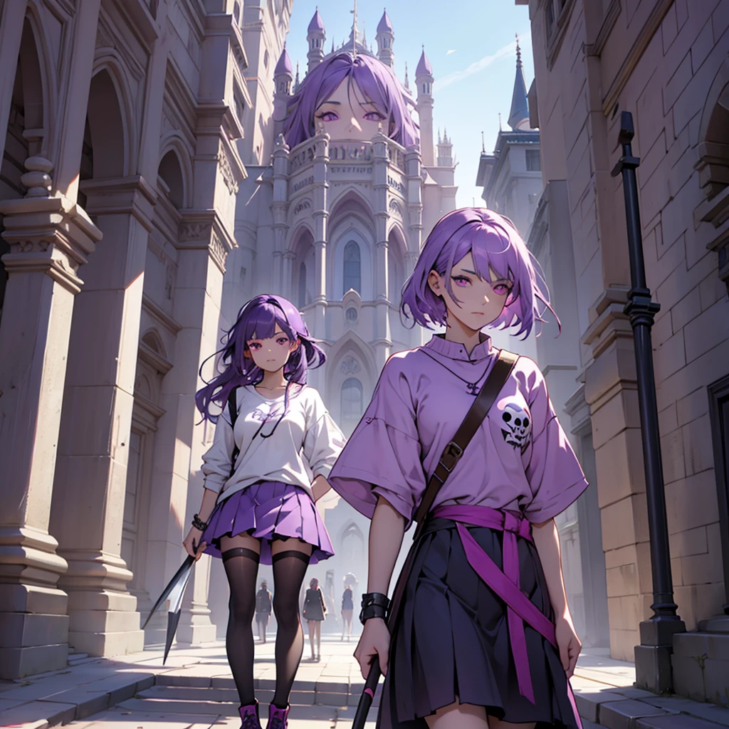 make a girl with purple hair and dark pink eyes wearing a light purple skirt and shirt holding a scythe with a skull on the end in front of a palace with several people