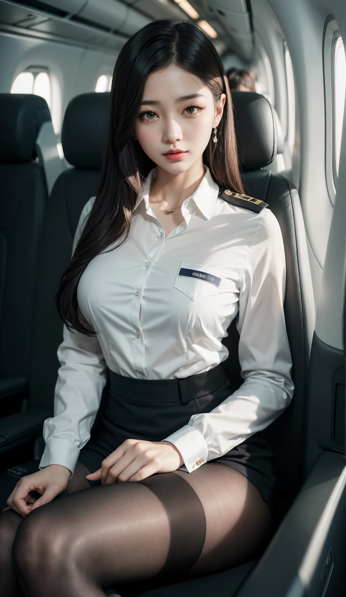 8k, masterpiece, RAW photos, best quality, realistic, 매우 상세한 CG가 8k를 통합합니다., 8k, Diamond, and wallpaper, depth of field, Cinematic Light, lens flare, ray tracing, (very beautiful face, beautiful lips, beautiful eyes), Face with intricate details, ((highly detailed skin)) 1 girl, in the dark, deep shadows, pretty korean girl, kpop idol, Photo of a sexy woman sitting in an airplane seat,wearing white flight attendant uniform,Skirt that hugs the buttocks,(아주 날씬하고 slim 근육질의 몸매:1.3), (flesh colored pantyhose:1.3),Light and tight flight attendant uniform,medium chest,wide hips,dry,red lip,black eye,(scary:0.9),cross one's legs,(Textured fabrics:0.9),looking at viewer, (pale skin), (big eyes),(laugh:0.8),seduce the camera,(metal fabric:0.5),sophisticated,(Actually,original language:1.5), Side slit, (hazy:0.9), face details, low quality photos, high contrast, On the plane, slim, bow-shaped, (rebellion:0.4)