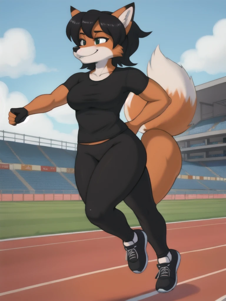 Furry, fox, female, black shirt, black leggings, shoes, running track, friends, full body