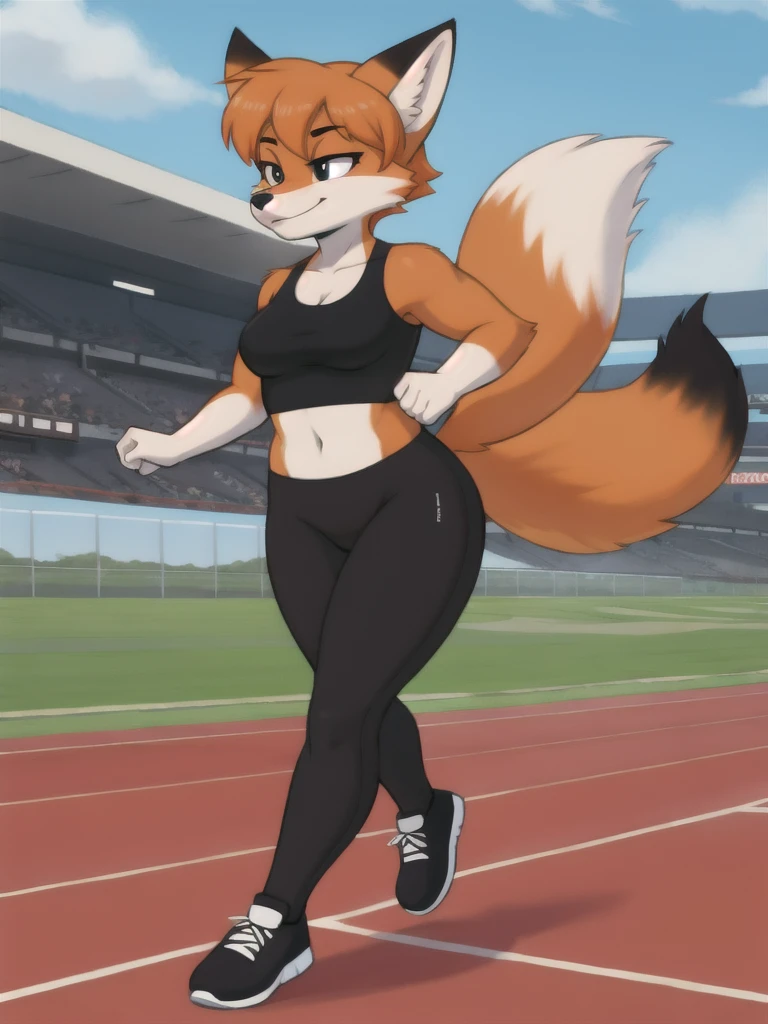 Furry, fox, female, black shirt, black leggings, shoes, running track, friends, full body