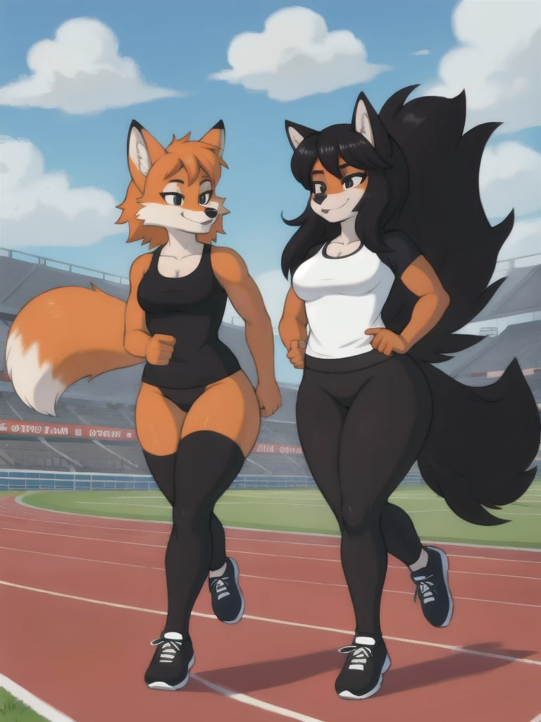 Furry, fox, female, black shirt, black leggings, shoes, running track, friends, full body