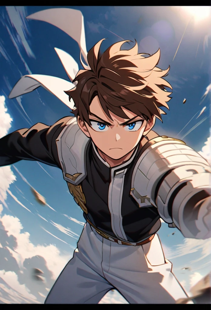 A serious brown-haired, Wavy shoulder-length blue-eyed 17 years old boy, With a black jacket with white details and white pants, Good anatomy, great pose, just, Scene in the sky, character falling, calm, clear, sky, clouds, Boku no hero academy style