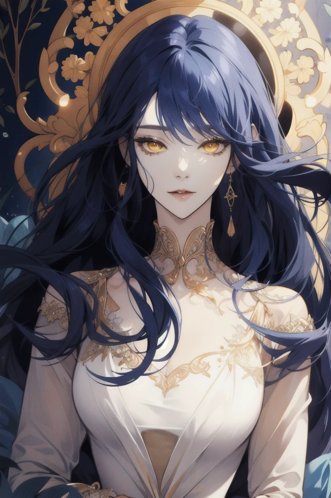 beautiful woman wearing a luxurious dress, like a princess, portrait, manhwa style, long dark blue hair, yellow eyes, lighting