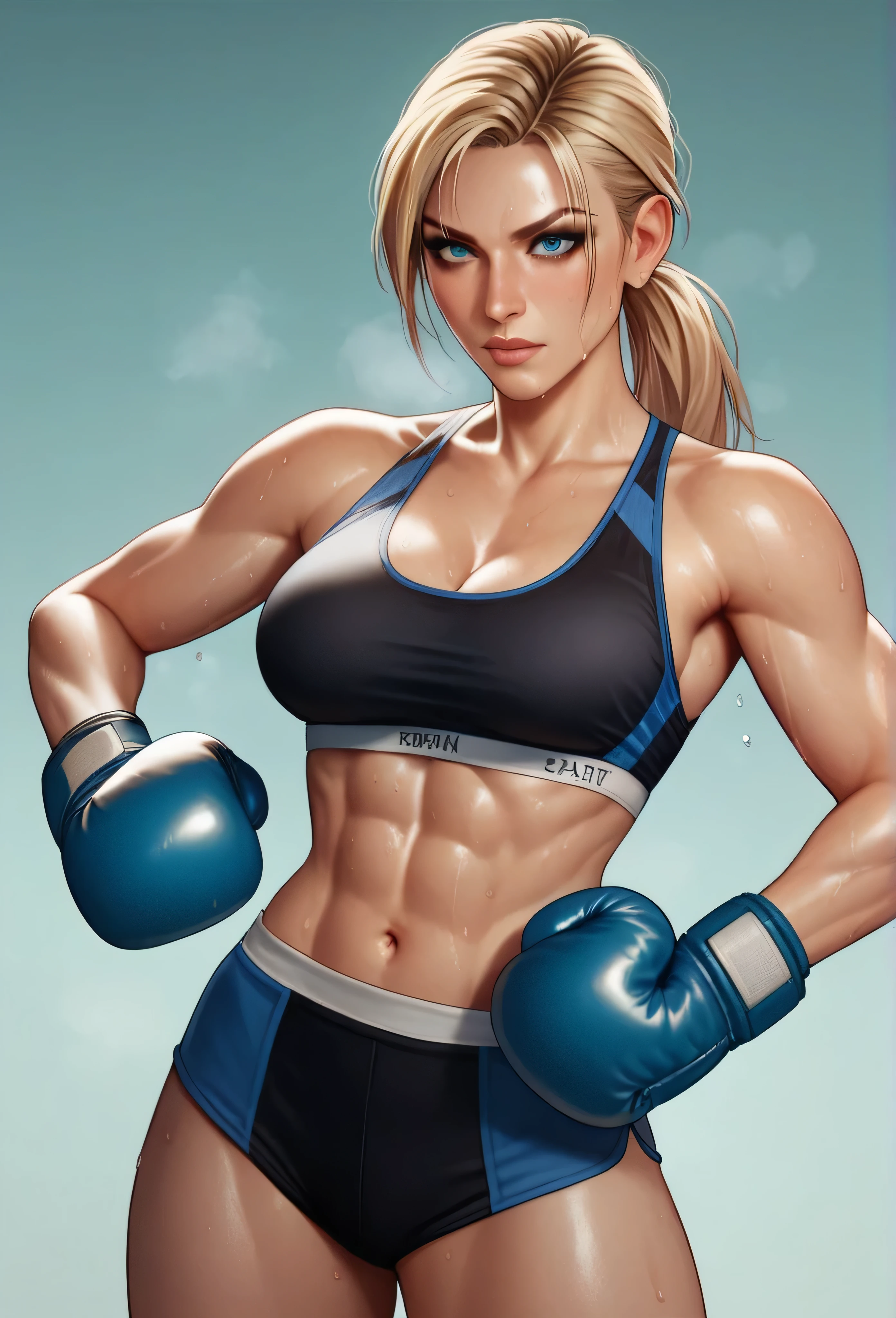 sarahbryant,1girl, sports bra, boxing gloves, sweating