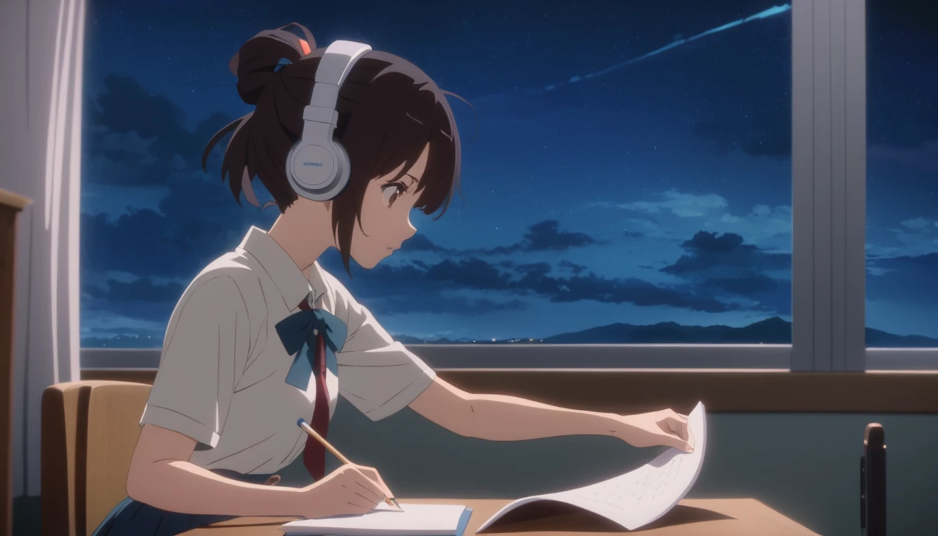 Anime girl sitting at a desk writing with headphones on, yourname movie style, Kyoto Animation stills, yourname, Makoto Shinkai style, Kyoto Animation Style, Anime movie stills, Makoto Shinkai art style, Today&#39;s featured anime is still, Anime movie screenshots, Anime movie screenshots, From the TV anime, Makoto Shinkai!