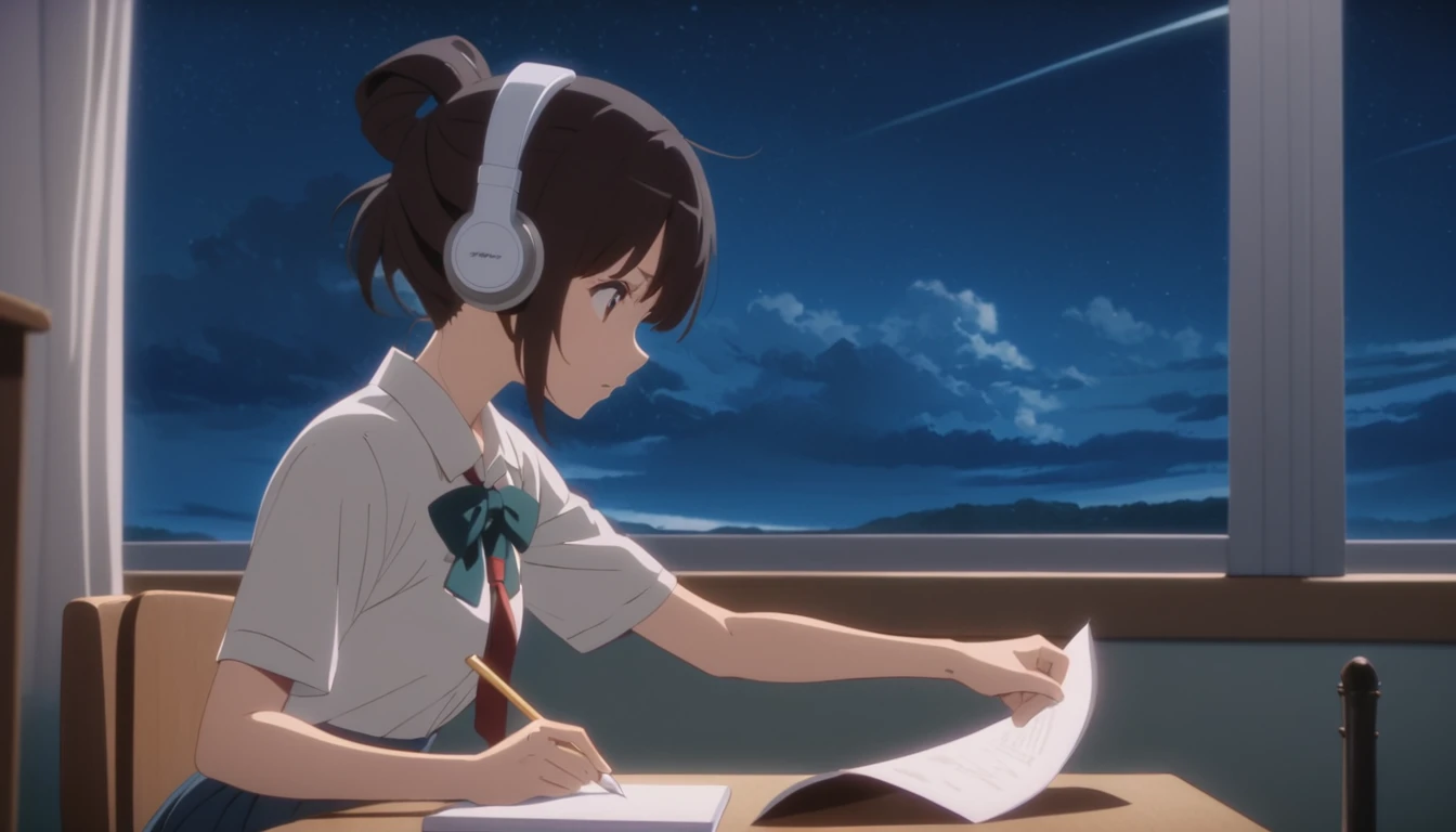 Anime girl sitting at a desk writing with headphones on, yourname movie style, Kyoto Animation stills, yourname, Makoto Shinkai style, Kyoto Animation Style, Anime movie stills, Makoto Shinkai art style, Today's featured anime is still, Anime movie screenshots, Anime movie screenshots, From the TV anime, Makoto Shinkai!