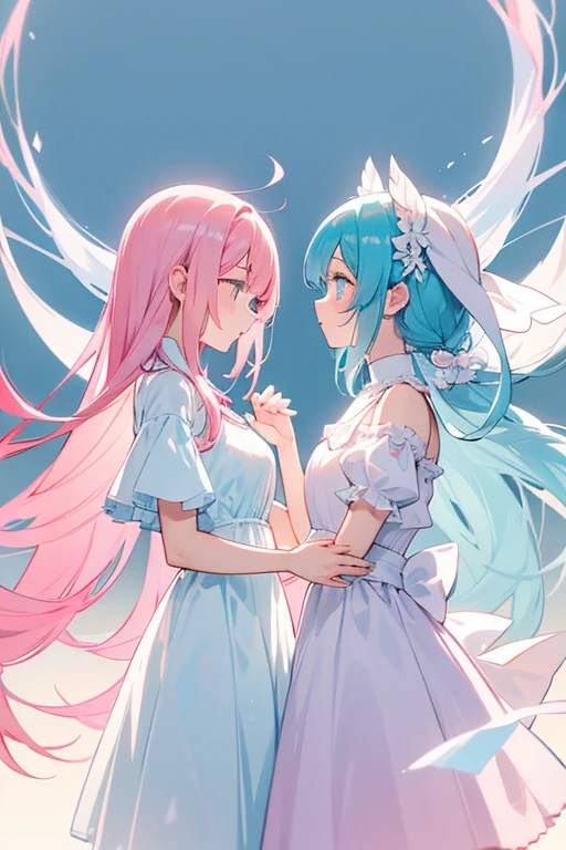 Two Girls、Two Girlsが手を合わせてる、The first one has pink hair、The second person has light blue hair.、Both of them are wearing white dresses.、Background is white