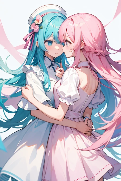 Two Girls、Two Girlsが手を合わせてる、The first one has pink hair、The second person has light blue hair.、Both of them are wearing white dresses.、Background is white