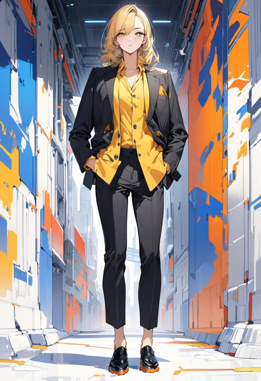 anime character, blond hair, wearing a black suit and yellow shirt, relaxed pose, one hand in pocket, simple design, white background, digital painting, clean lines, vibrant colors, stylish, charismatic expression, modern anime style, full body shot, well-proportioned, detailed clothing, confident stance, highly detailed, masterpiece, best quality, ultra highres, original, extremely detailed, perfect lighting