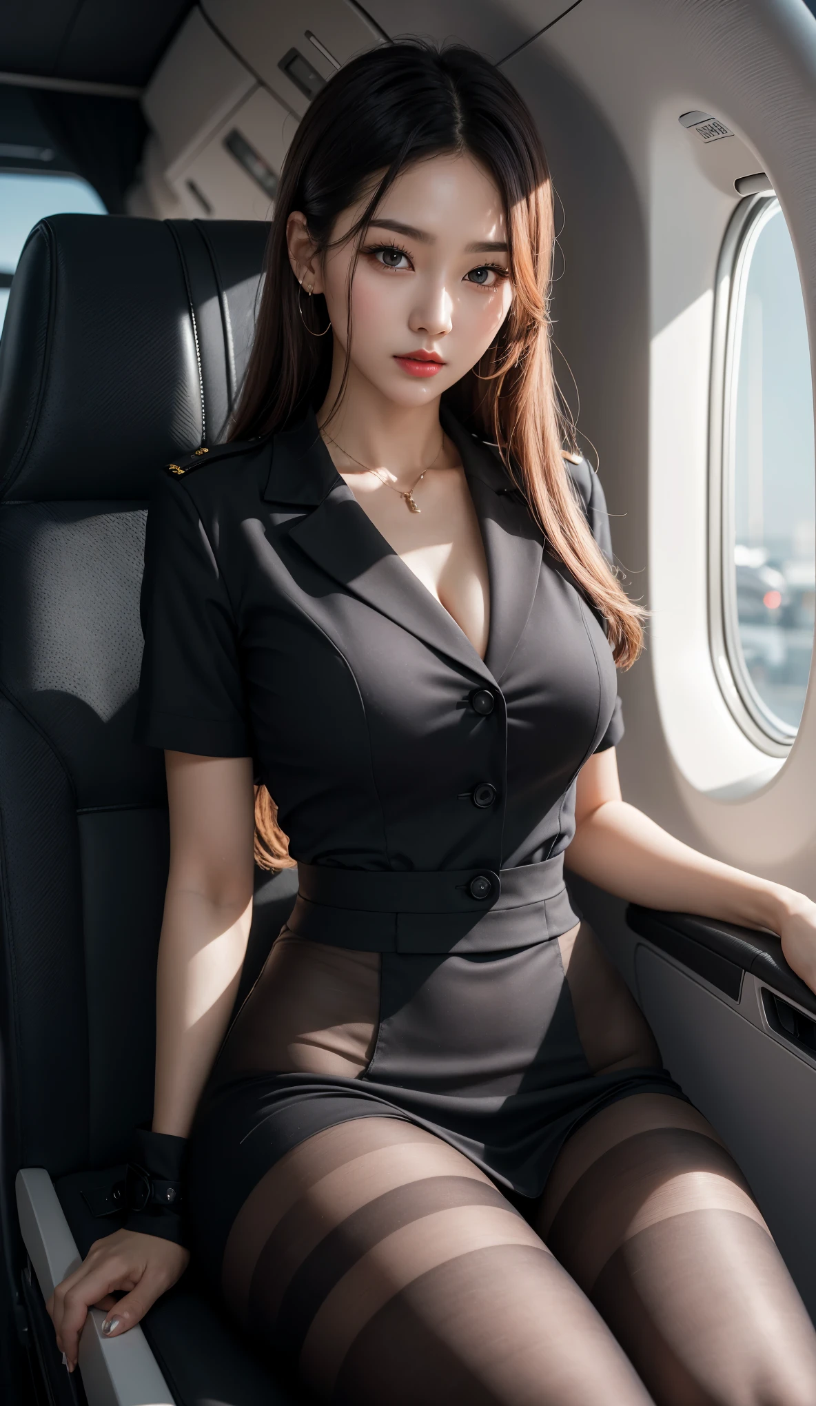 8k, masterpiece, RAW photos, best quality, realistic, 매우 상세한 CG가 8k를 통합합니다., 8k, Diamond, and wallpaper, depth of field, Cinematic Light, lens flare, ray tracing, (very beautiful face, beautiful lips, beautiful eyes), Face with intricate details, ((highly detailed skin)) 1 girl, in the dark, deep shadows, pretty korean girl, kpop idol, Photo of a sexy woman sitting in an airplane seat，wearing white flight attendant uniform，Skirt that hugs the buttocks，(아주 날씬하고 slim 근육질의 몸매:1.3), （flesh colored pantyhose：1.3），Light and tight flight attendant uniform，medium chest，wide hips，dry，red lip，black eye，（scary：0.9），cross one&#39;s legs，（Textured fabrics：0.9），looking at viewer， (pale skin), (big eyes),（laugh：0.8），seduce the camera，（metal fabric：0.5），sophisticated，（Actually，original language：1.5）， Side slit， （hazy：0.9）， face details， low quality photos， high contrast， On the plane， slim， bow-shaped， （rebellion：0.4）