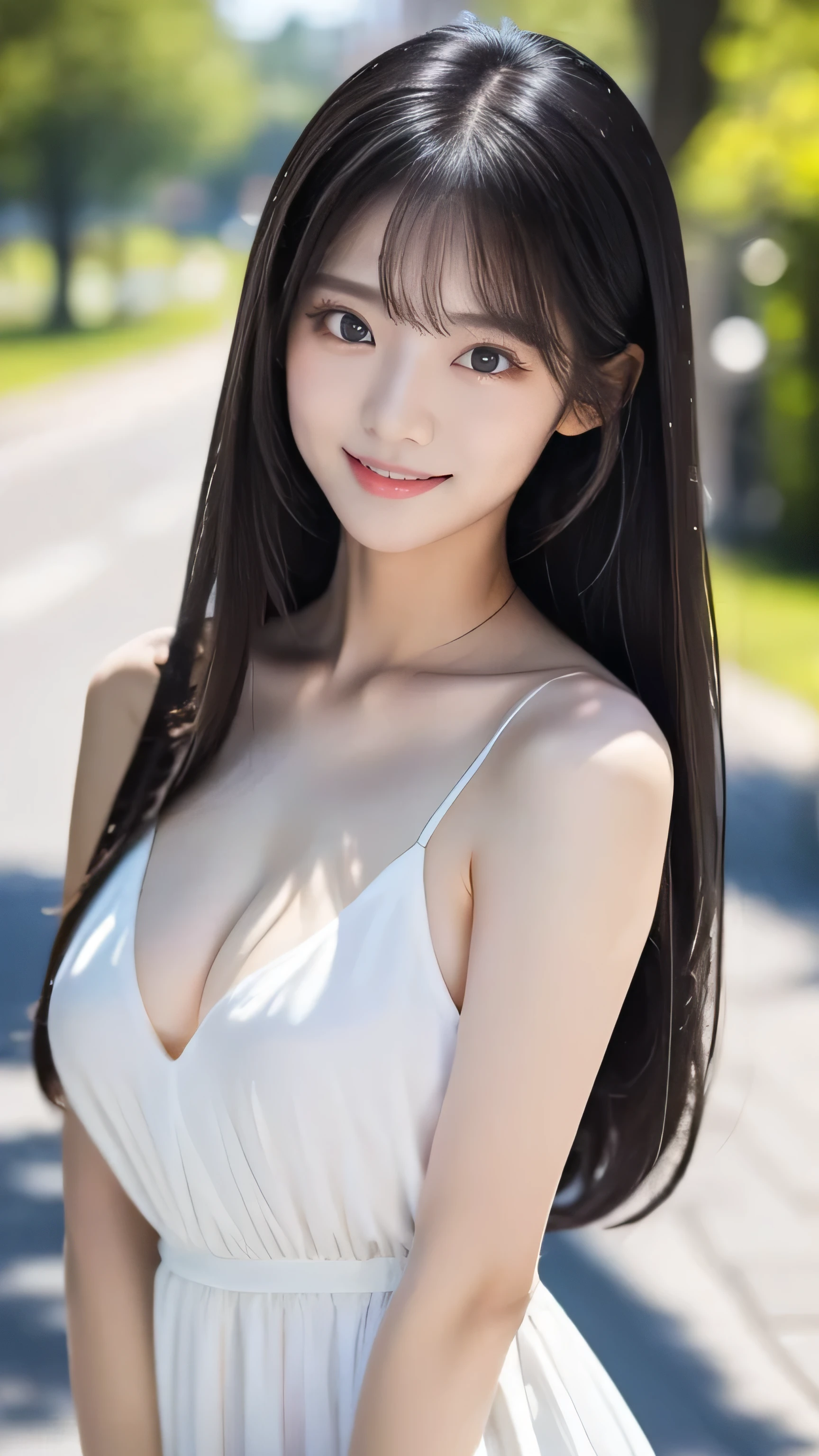 Create an ultra-realistic image of a 21-year-old Japanese woman named Kotone wearing a white dress. She has extremely long, perfectly straight black hair that flows down to her waist, with blunt bangs that cover her forehead. Her eyes are large, enchanting, and have double eyelids with sparkling black pupils, giving them a captivating and youthful appearance. Her face is delicate and innocent, with very thin eyebrows that frame her large, childlike eyes. She has a small mouth with sexy lips, and her skin is smooth and flawless, resembling snow in its pure white color. She has a slender and well-proportioned body with a shapely bust size of 95 cm, a height of 158 cm, a weight of 43 kg, an ideal waist size of 58.46 cm, and an ideal hip size of 86.73 cm. Her complexion is flawless, without any wrinkles, and her natural makeup enhances her features subtly, maintaining a fresh and youthful look. She embodies a perfect balance of youthful charm and mature elegance, with a cute and innocent smile that adds warmth and affection to her appearance.
Kotone should be depicted facing forward, with her body positioned to emphasize her front. Her long black hair should flow naturally over her shoulders, framing her face and upper body. She is wearing a beautiful white dress that complements her slender figure, with a simple yet elegant design. Her pose should be confident and relaxed, with her arms gently at her sides or holding a small accessory. Her expression should be warm and inviting, with a friendly smile that captures her youthful charm. The lighting should be soft and natural, focusing on her front and emphasizing the smoothness of her skin and the delicacy of her features, creating a sense of depth and realism. The backgr