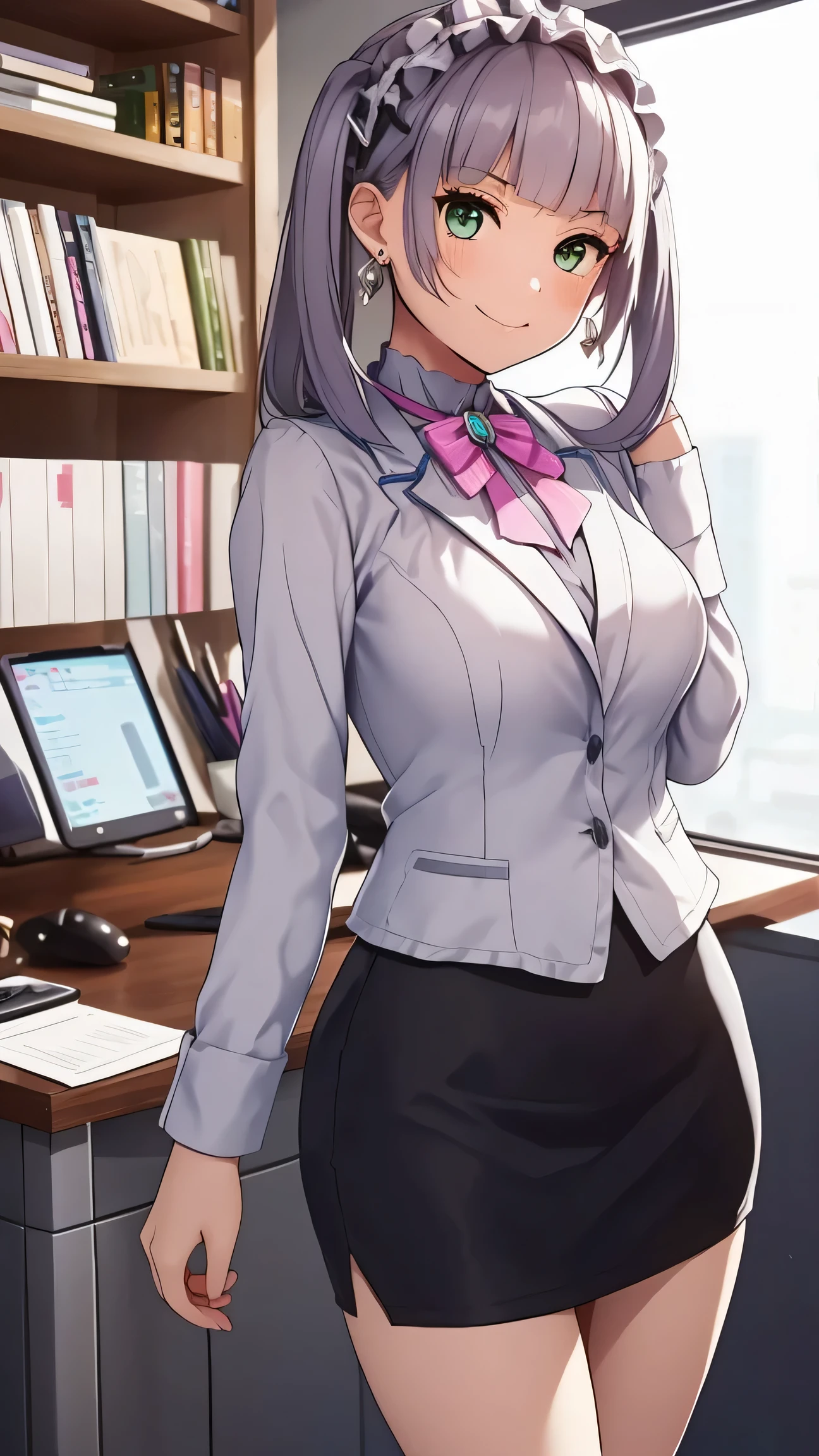 Medium chest, Green Eyes、smile、Twin tails、Gray Hair、Long Hair、Blunt bangs、ribbon、hair band、
break (business suit, dress shirt, Earrings, formal, High heels, Jacket, miniskirt, office lady, Open collar, pencil skirt, shirt, skirt, suit:1.2),
break indoors, clinic,
break looking at viewer, (Cowboy Shot:1.5),
break (masterpiece:1.2), Highest quality, High resolution, unity 8k wallpaper, (figure:0.8), (Beautiful attention to detail:1.6), Highly detailed face, Perfect lighting, Highly detailed CG, (Perfect hands, Perfect Anatomy),