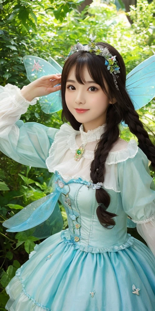A cute fairy of a beautiful girl wearing an earl.&#39;Melon with green flesh and a fine mesh pattern on the skin..、A full body pose wearing a dress with a count.&#39;s melon design and jumping with a joyful smile。The beautiful fairy girl that is generated is、Represent the entire body so that it does not protrude from the screen.。
