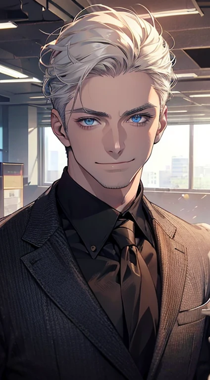 (best quality, masterpiece, 8K, photorealistic, cinematic lighting, hdr image, ultra detailed, beautiful image), 1 man, 31 years old, mature man, very handsome, (without expression, smile), short white hair, blue eyes ( penetrating gaze), perfect face without errors, imposing posture, without errors, businessman, office background