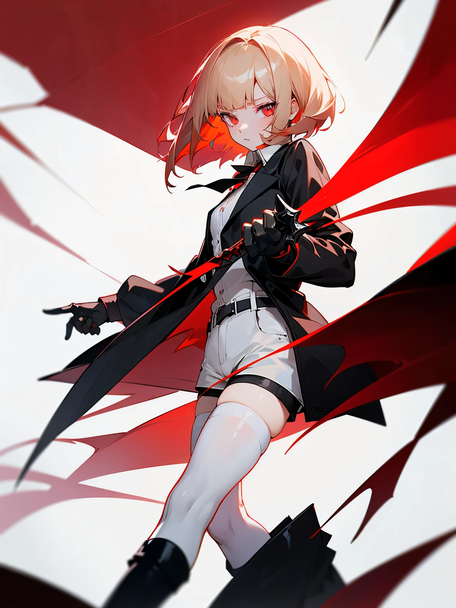 Anime girl, crimson eyes, (short pale blond hair), one-sided fringe, messy sharp fringe. Long black jacket, white collared shirt, black shorts. White thigh-high stockings, black ankle boots, heeled boots, black gloves. Standing. Holding black and red sword, perfect fingers.