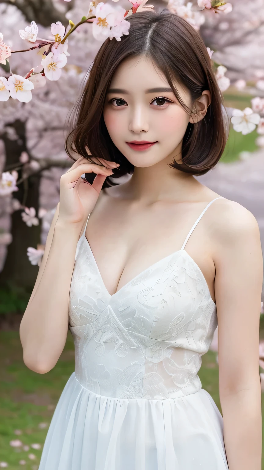 ((Highest quality, 8k, masterpiece:1.3)), concentrate: 1.2, Perfect Body Beauty: 1.4, Hips: 1.2, ((Bob Hair, chest: 1.2)), (Sexy Costumes: 1.1) , (Cherry blossom scenery:1.3), White Dress: 1.1, Highly detailed face and skin texture, Delicate eyes, double eyelid, White skin,smile,Light Hair Color