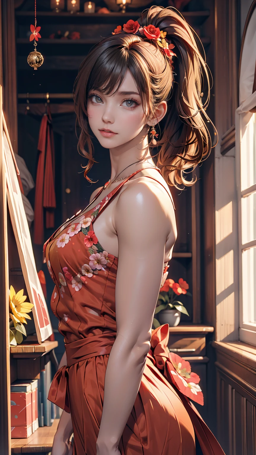 myself, yellow_student, +_+, black_hair, expensive_ponytail, red_flower_hair_ornament, masterpiece, Highest quality, Very detailed, figure, alone, One girl