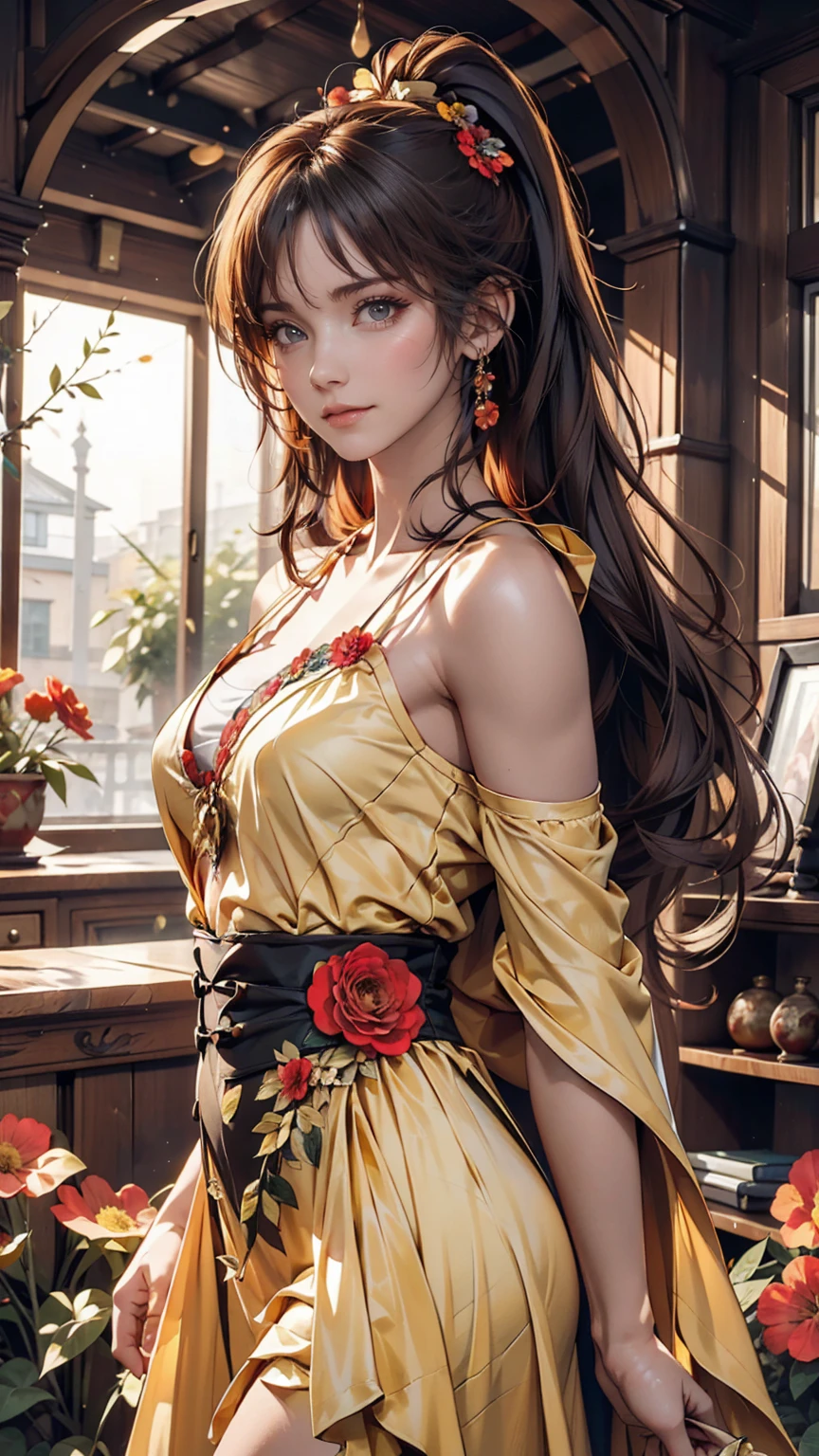 myself, yellow_student, +_+, black_hair, expensive_ponytail, red_flower_hair_ornament, masterpiece, Highest quality, Very detailed, figure, alone, One girl