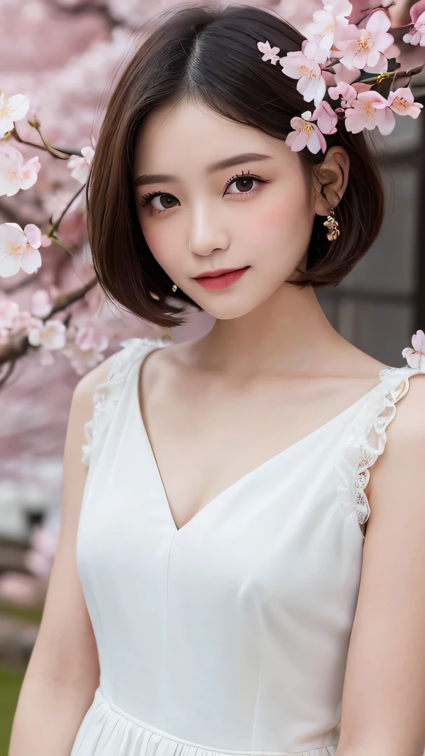 ((Highest quality, 8k, masterpiece:1.3)), concentrate: 1.2, Perfect Body Beauty: 1.4, Hips: 1.2, ((Bob Hair, chest: 1.2)), (Sexy Costumes: 1.1) , (Cherry blossom scenery:1.3), White Dress: 1.1, Highly detailed face and skin texture, Delicate eyes, double eyelid, White skin,smile,Light Hair Color