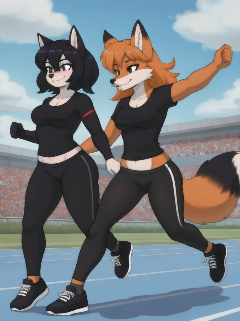 Furry, fox, female, black shirt, black leggings, shoes, running track, friends, full body