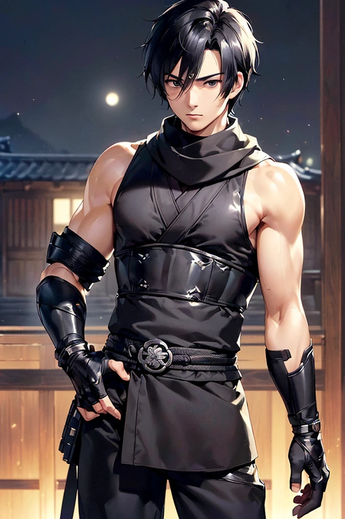 (((masterpiece; best quality: 1.2))), (finely detailed eyes: 1.3), ((25 year old man)), ((solo)), (black eyes: 1.4), (body shape; lean, masculine: 1.3), (very short black hair: 1.3), (beautiful and clear background: 1.2), ((depth of field)), (equipment: black shinobi clothing + fully covered + black kimono + black pants + black scarf + black bracers + black fingerless gloves: 1.3), (anime illustration: 1.2), (background composition; old japanese mansion + night: 1.1), (extremely fine and handsome: 1.1), (shot composition; standing + centered on torso + close-up: 1.5), (facial expression; calm, stoic: 1.2)