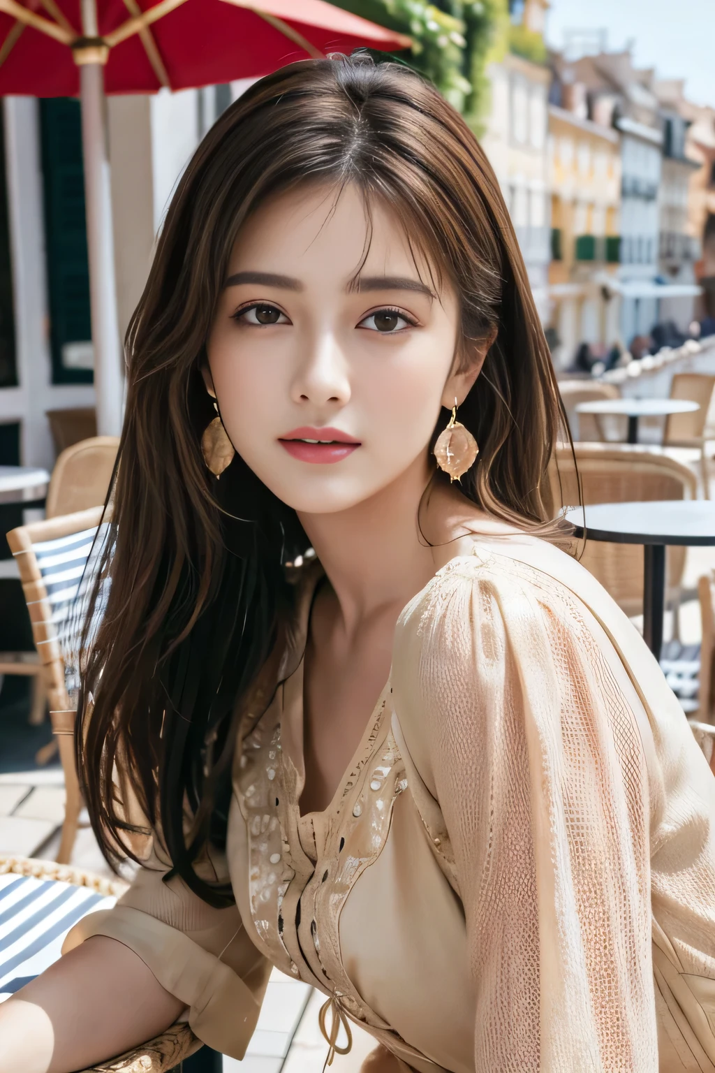 masterpiece, Highest quality, Realistic, Very detailed, Finer details, High resolution, 8k wallpaper, One beautiful woman,Wear a nice blouse, On the terrace of a lovely cafe, at noon, Light brown messy hair, Perfect dynamic composition, Beautiful and beautiful eyes、Big earrings、