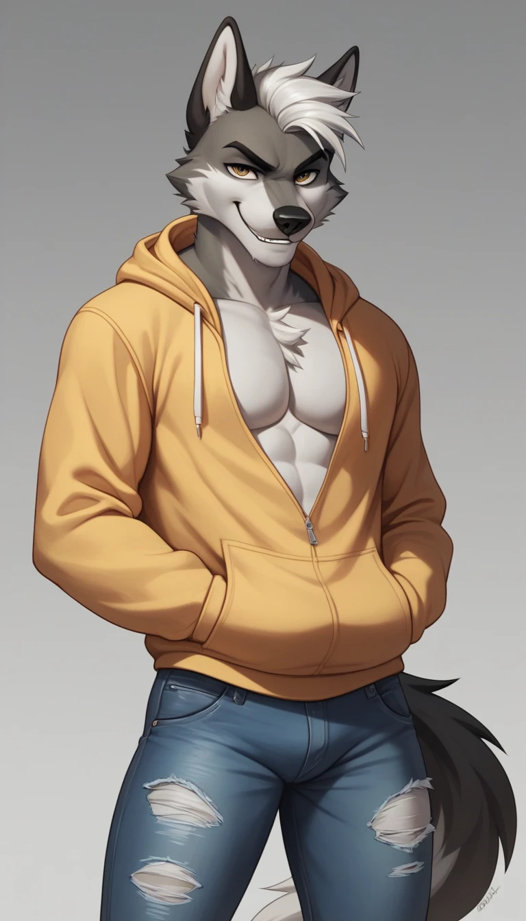 Solo, Score_9, score_8_up, score_7_up, An Anthro furry wolf guy, busty chest, dark grey furry body, wolf tail, black nose, white undertone, spiky black hair, leaning toward viewer, paws, smirking, seductive face, (hoodie), (ripped jeans), male, dark fur, 