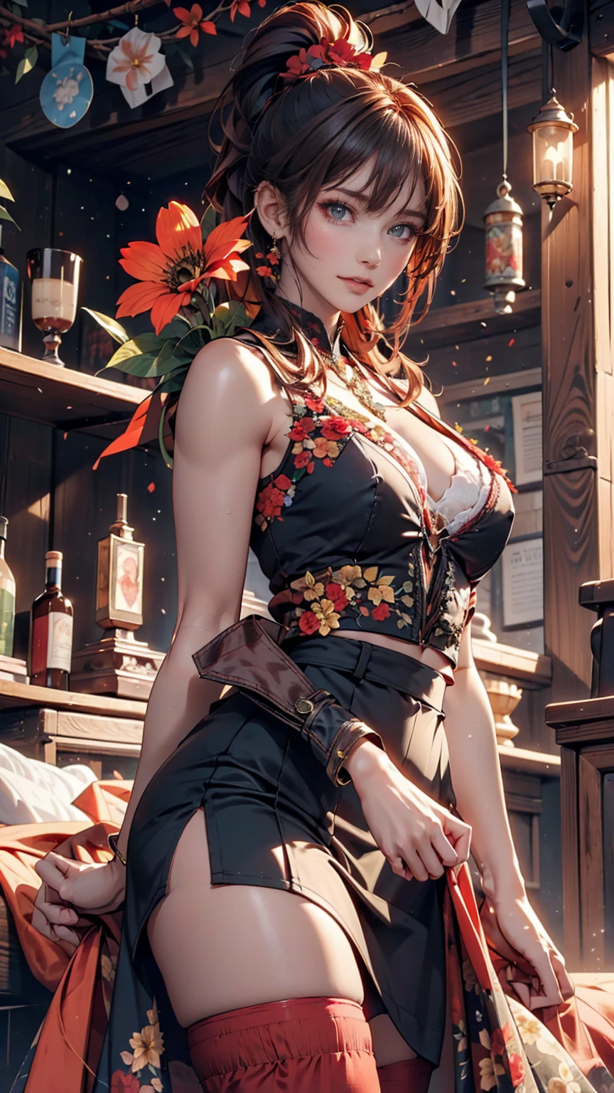myself, yellow_student, +_+, black_hair, expensive_ponytail, red_flower_hair_ornament, masterpiece, Highest quality, Very detailed, figure, alone, One girl