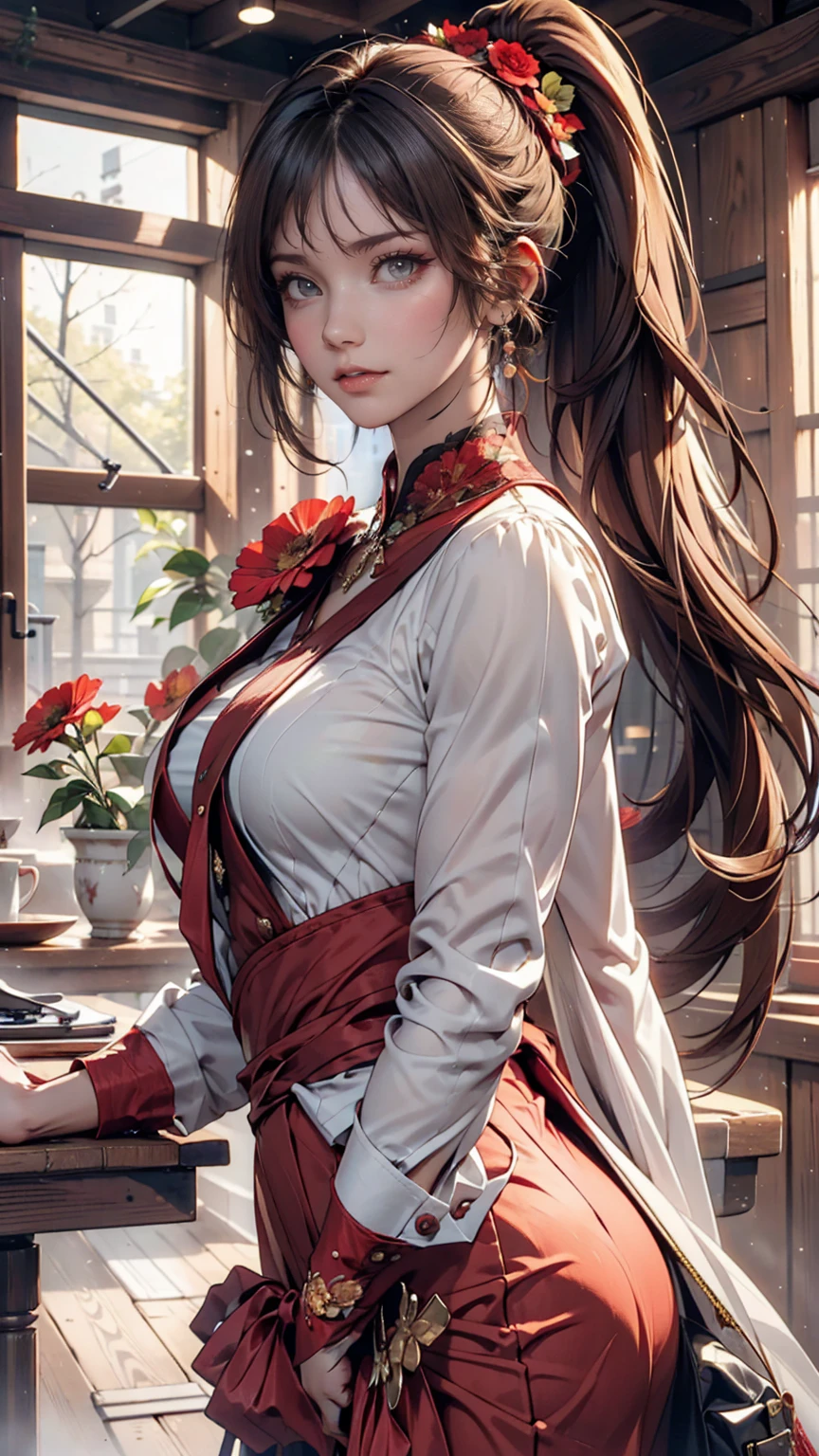 myself, yellow_student, +_+, black_hair, expensive_ponytail, red_flower_hair_ornament, masterpiece, Highest quality, Very detailed, figure, alone, One girl